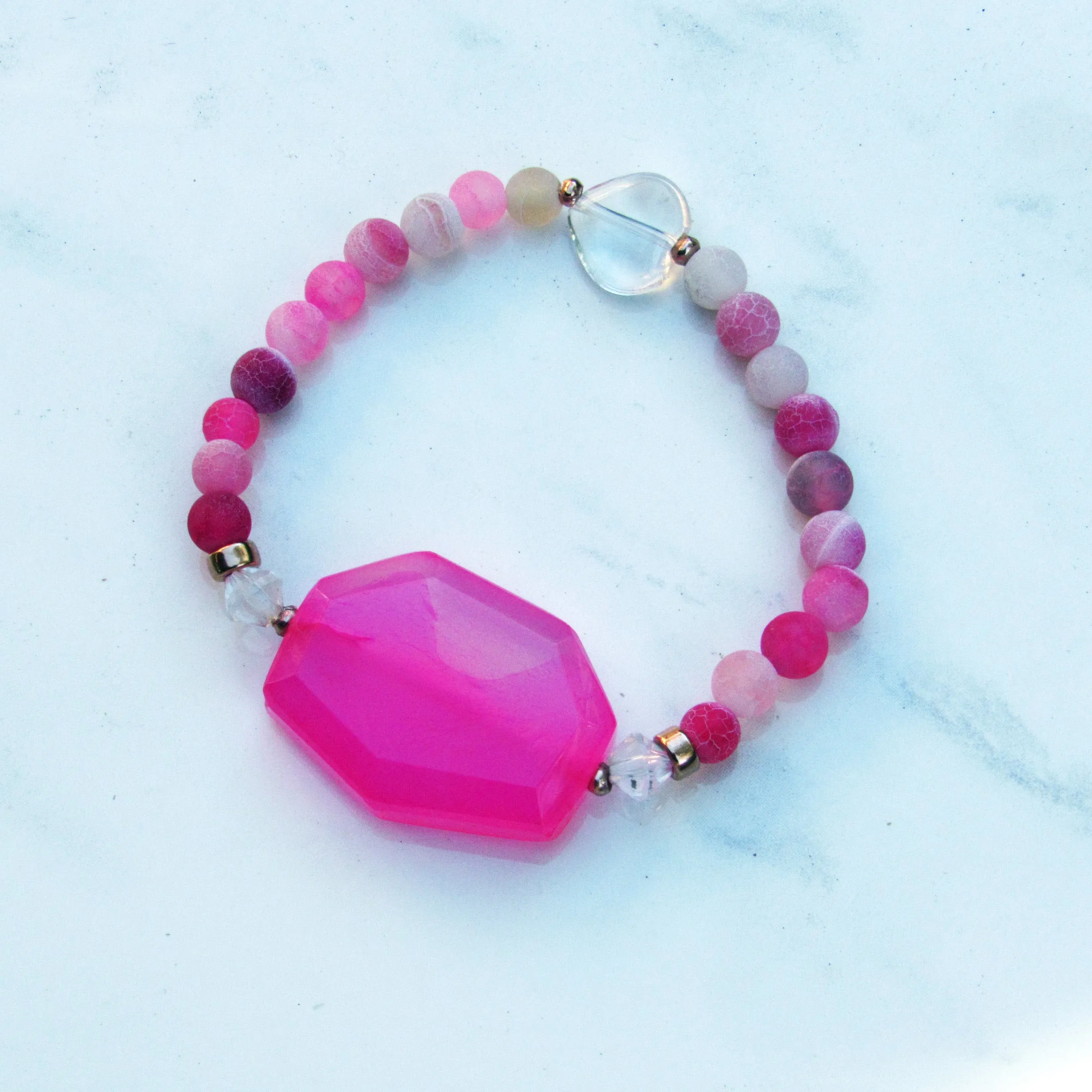 Pink Agates, Clear Quartz Heart, and 14 Kt Rose Gf Stretch Bracelet