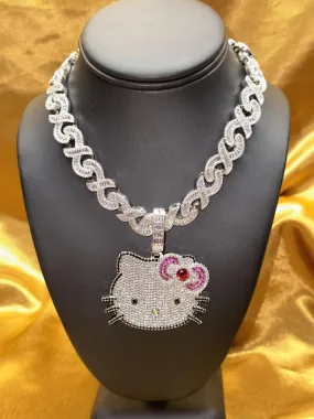 Pretty Cartoon Kitty Pendant Iced Out Zirconia Cuban Necklace