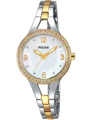 Pulsar Ladies Crystal Bangle-Style Watch - Two-Tone - Mother of Pearl Dial