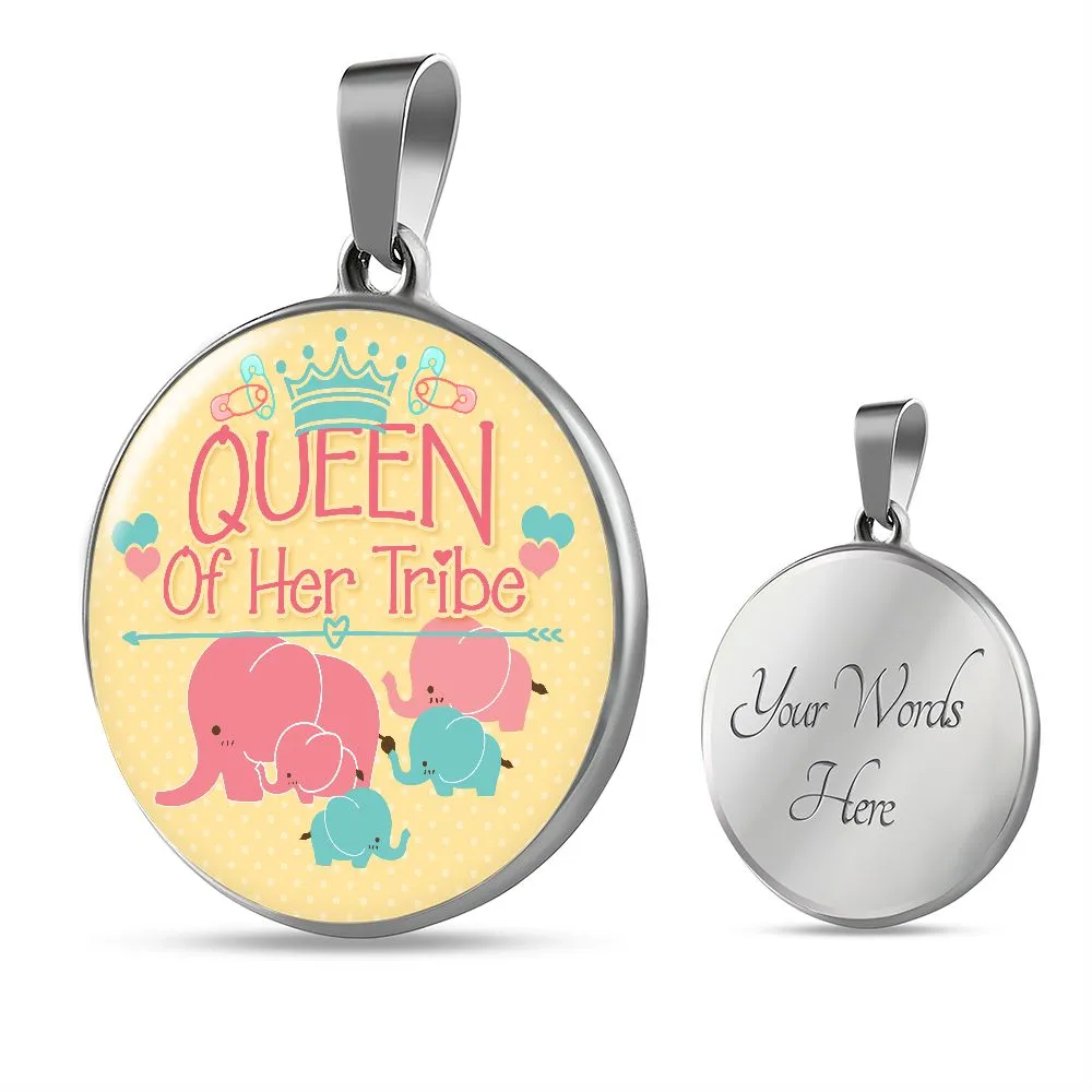 Queen of Her Tribe Cute Mother Elephant Round Pendant Necklace (Optional Engraving)