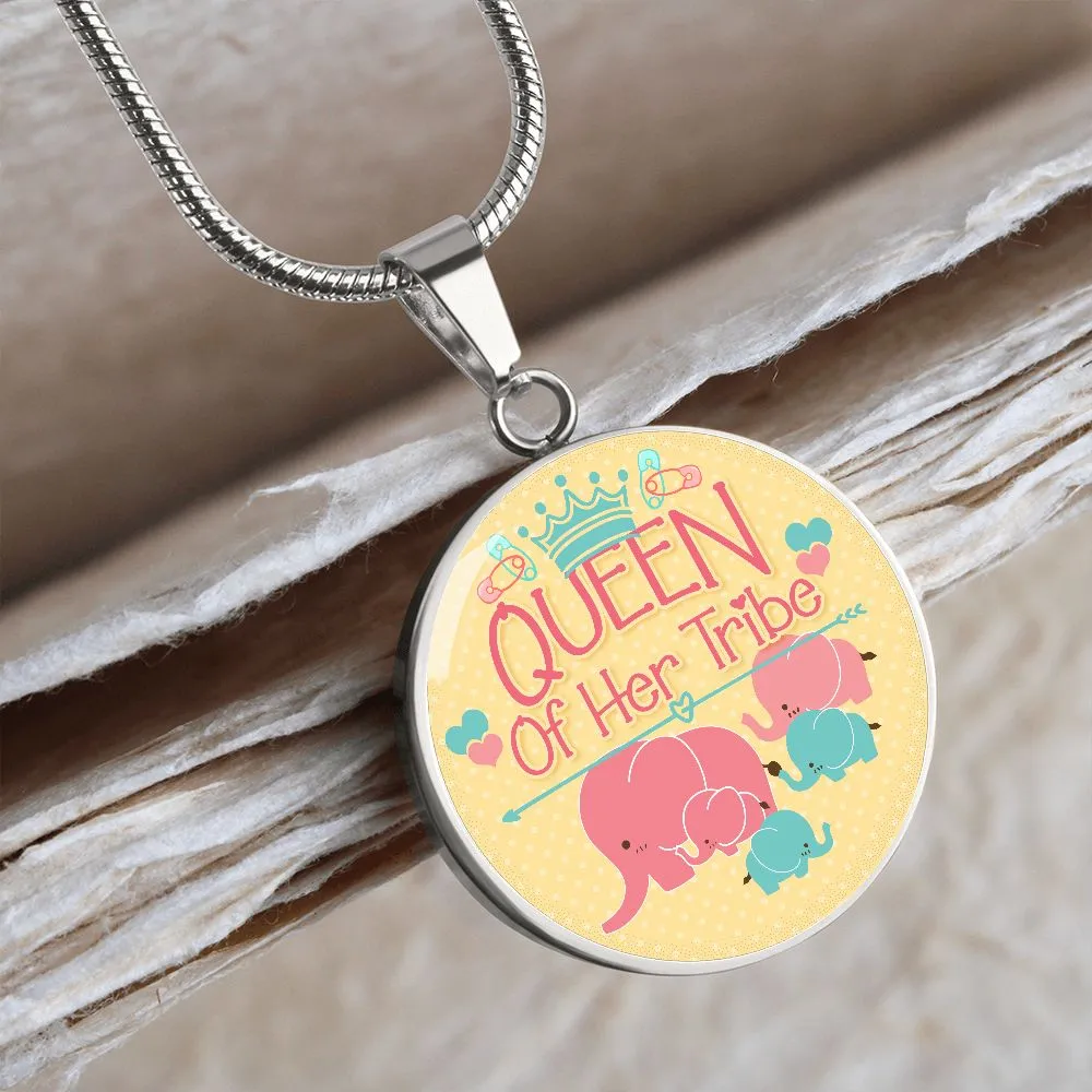 Queen of Her Tribe Cute Mother Elephant Round Pendant Necklace (Optional Engraving)