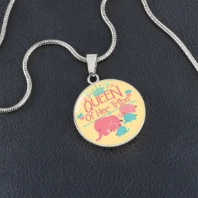 Queen of Her Tribe Cute Mother Elephant Round Pendant Necklace (Optional Engraving)