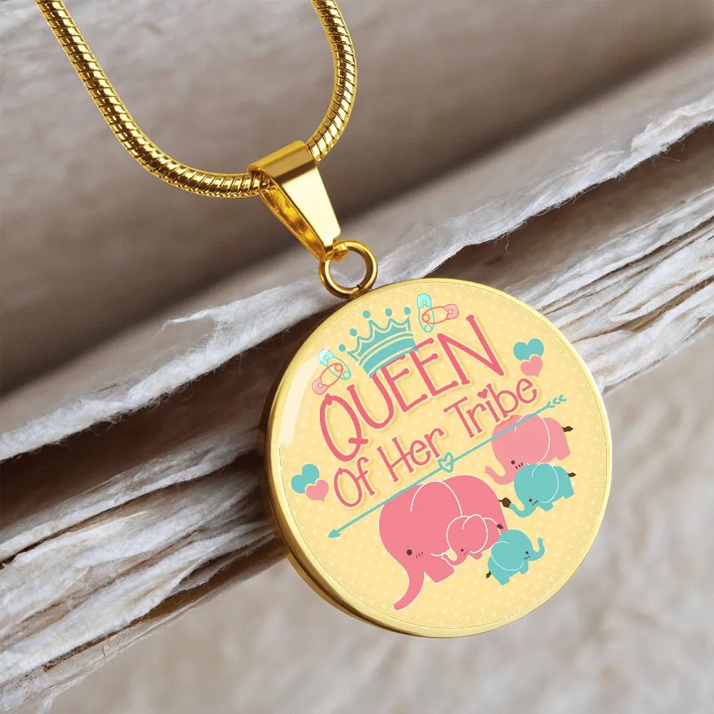 Queen of Her Tribe Cute Mother Elephant Round Pendant Necklace (Optional Engraving)