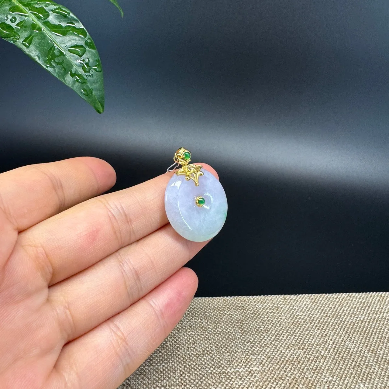 "Good Luck Button" Lavender Green Jadeite Jade Lucky KouKou Pendant With 18K Yellow Gold  Bail