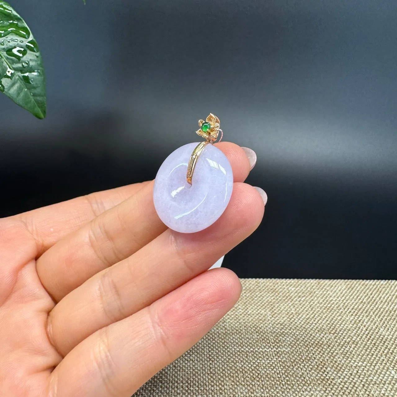 "Good Luck Button"Lavender Jadeite Jade Lucky KouKou Pendant With 18K Yellow Gold Bail