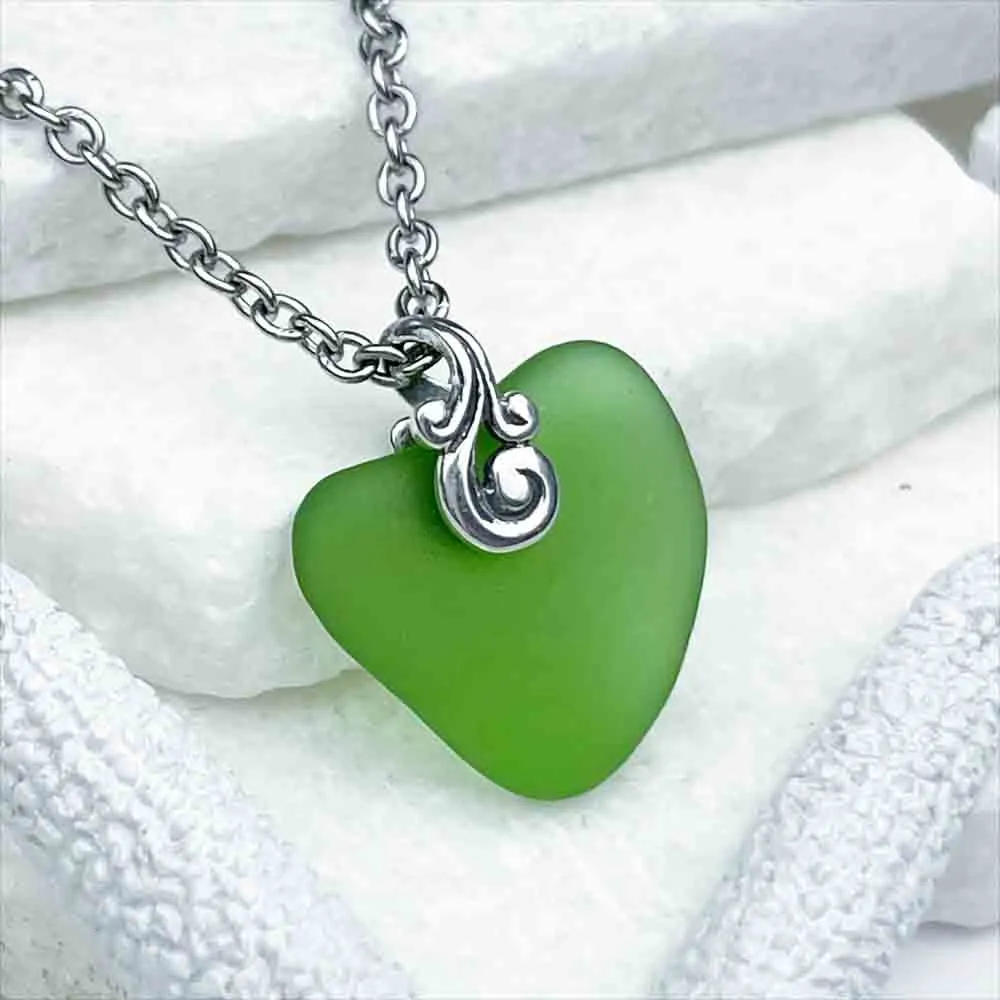 Radiant Kelly Green Sea Glass Heart Pendant | #1993