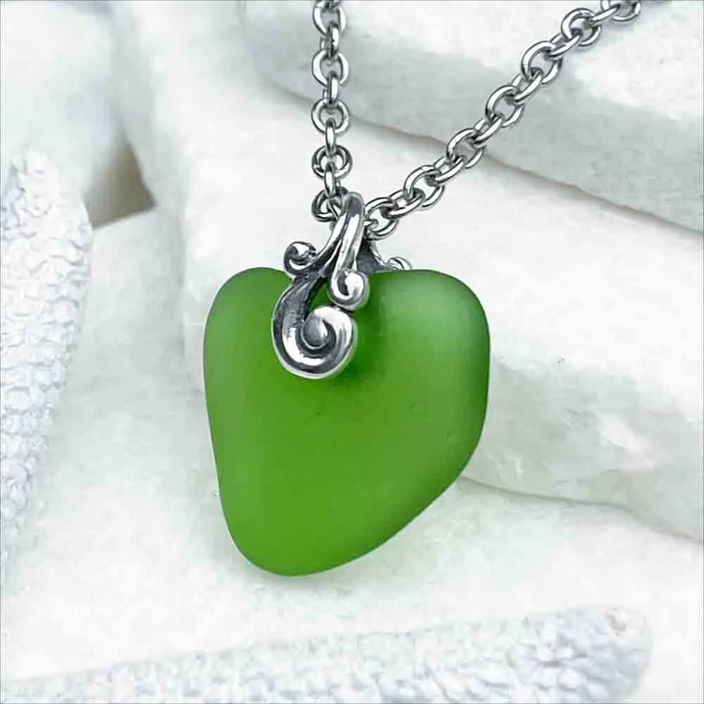 Radiant Kelly Green Sea Glass Heart Pendant | #1993