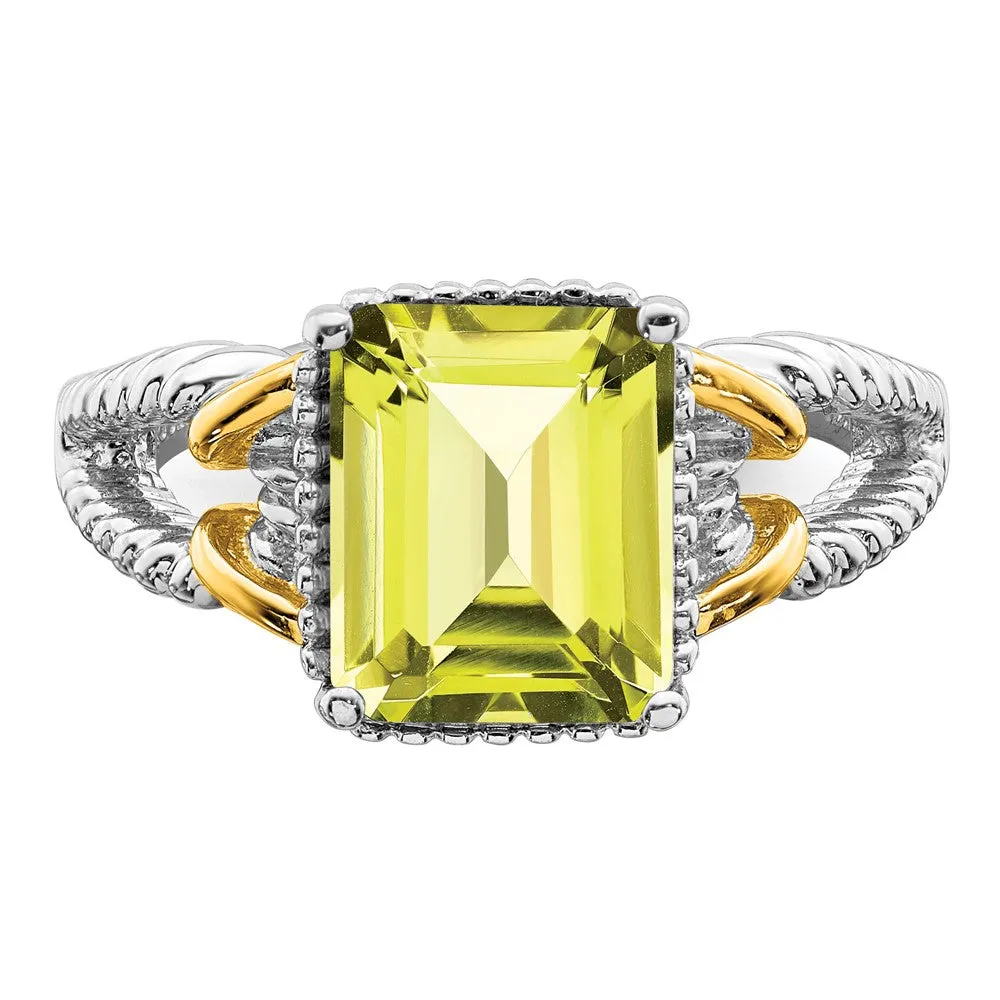 Rhodium w/ Flash Gold-plate Lemon Quartz Octagonal Ring in Sterling Silver