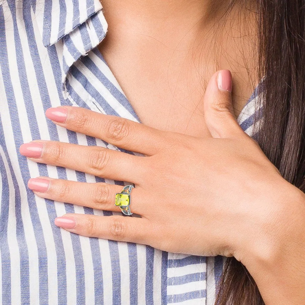 Rhodium w/ Flash Gold-plate Lemon Quartz Octagonal Ring in Sterling Silver