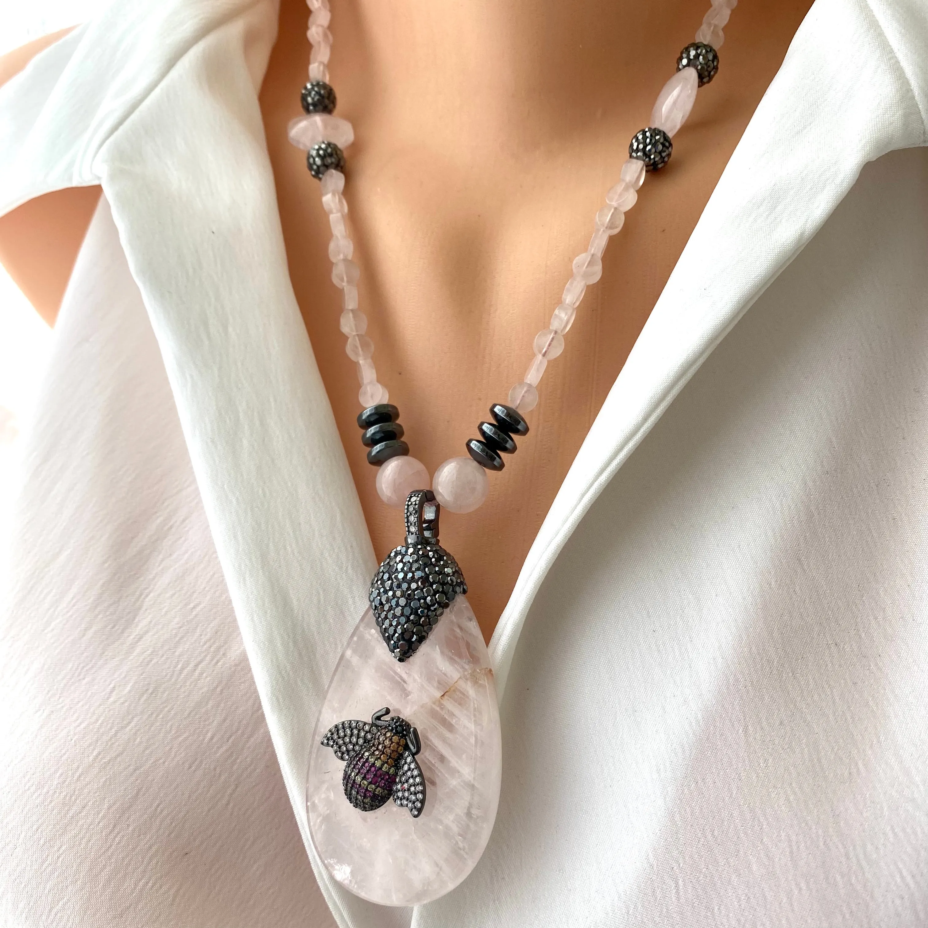 Rose Quartz, Hematite Necklace with Rhinestones Pave Bee Pendant, 20inches, Magnetic Ball Clasp