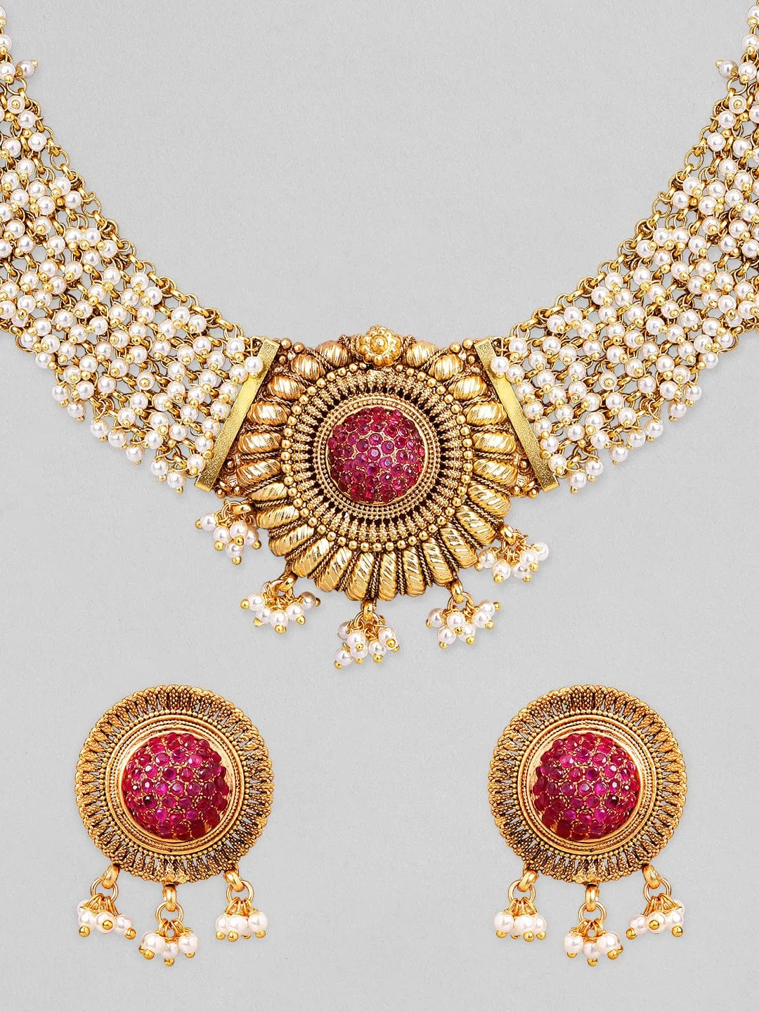 Rubans Gold Plated Handcrafted Red Stone Studded White Beaded Choker Set.