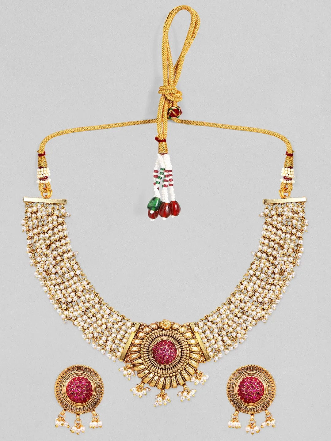 Rubans Gold Plated Handcrafted Red Stone Studded White Beaded Choker Set.