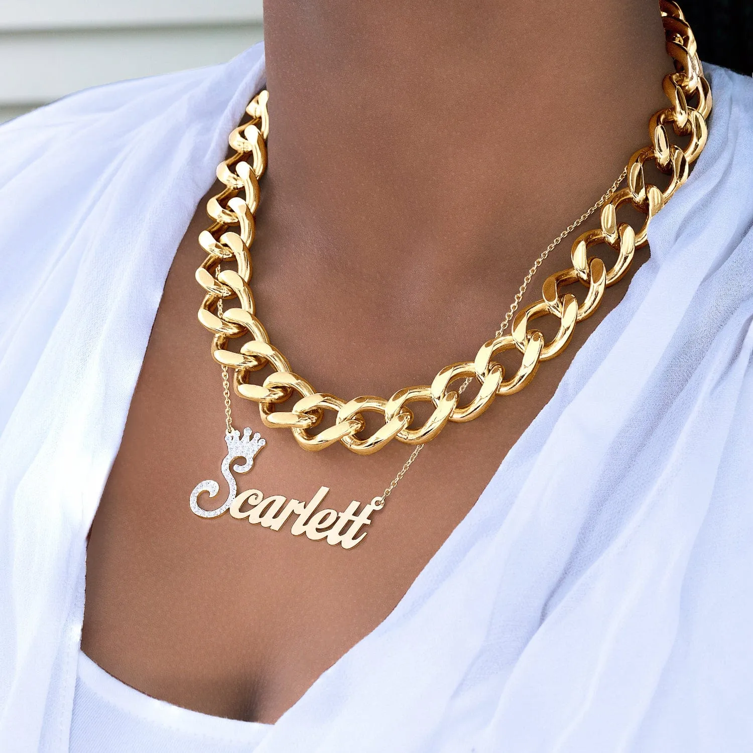 Set of Iced Out Single Nameplate Scarlett with Stainless Steel Choker Chain