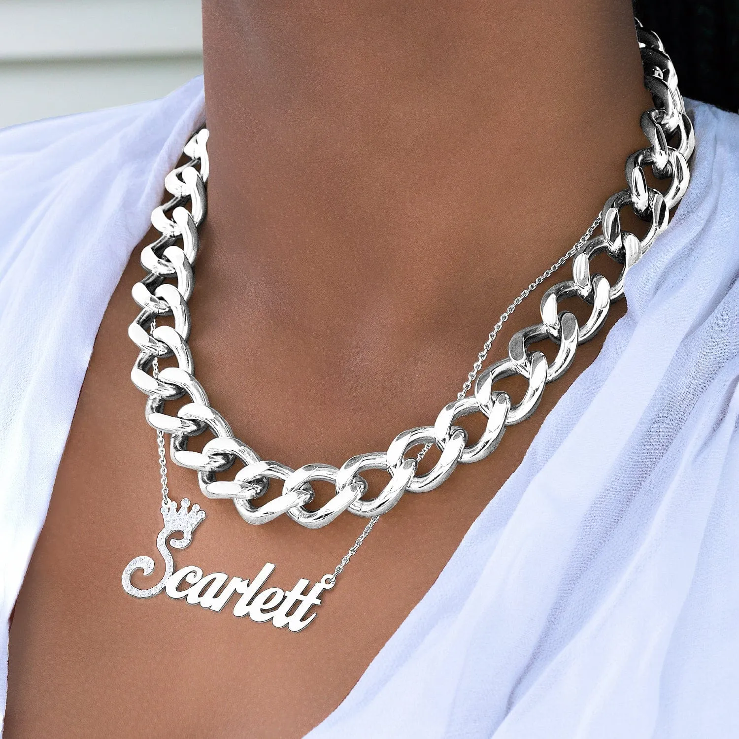 Set of Iced Out Single Nameplate Scarlett with Stainless Steel Choker Chain