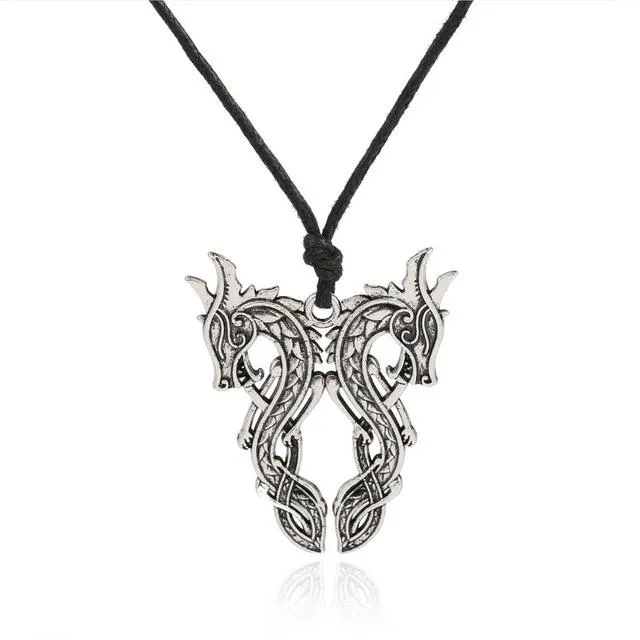 Silver Double Dagon Pendant with Macrame Necklace