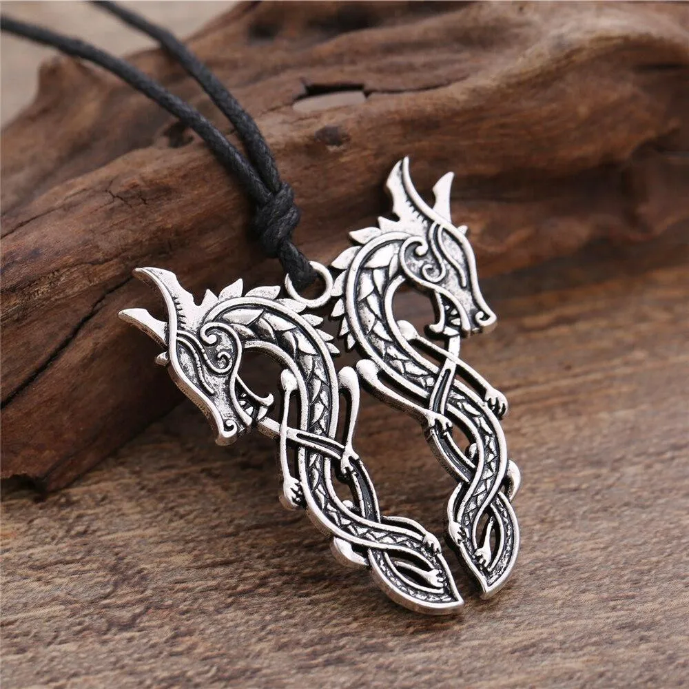 Silver Double Dagon Pendant with Macrame Necklace