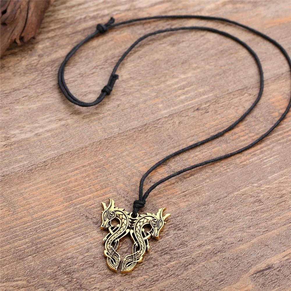 Silver Double Dagon Pendant with Macrame Necklace