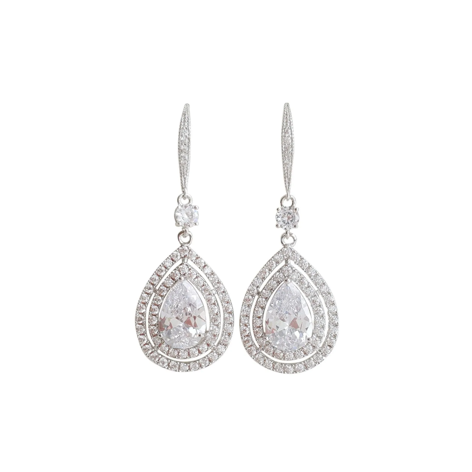 Silver Ear Hook Dangle Earrings for Weddings in CZ Crystal-Joni