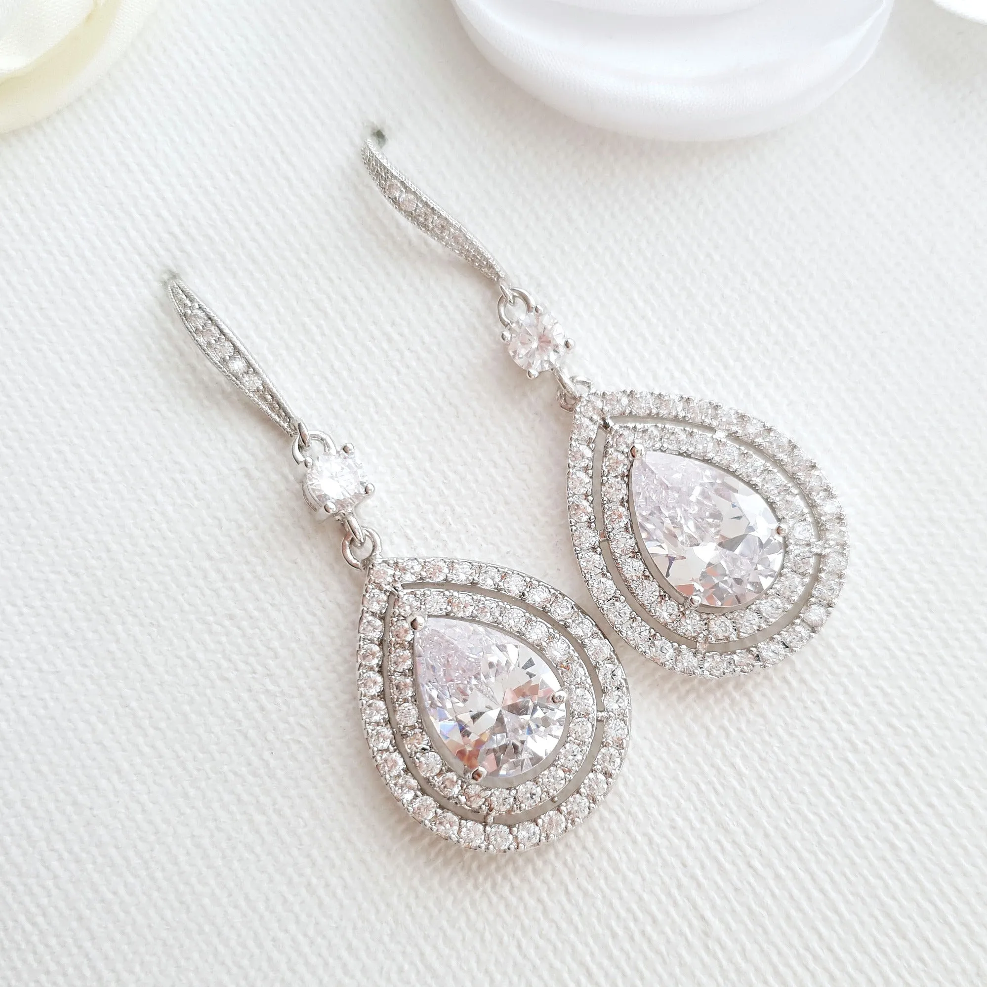 Silver Ear Hook Dangle Earrings for Weddings in CZ Crystal-Joni