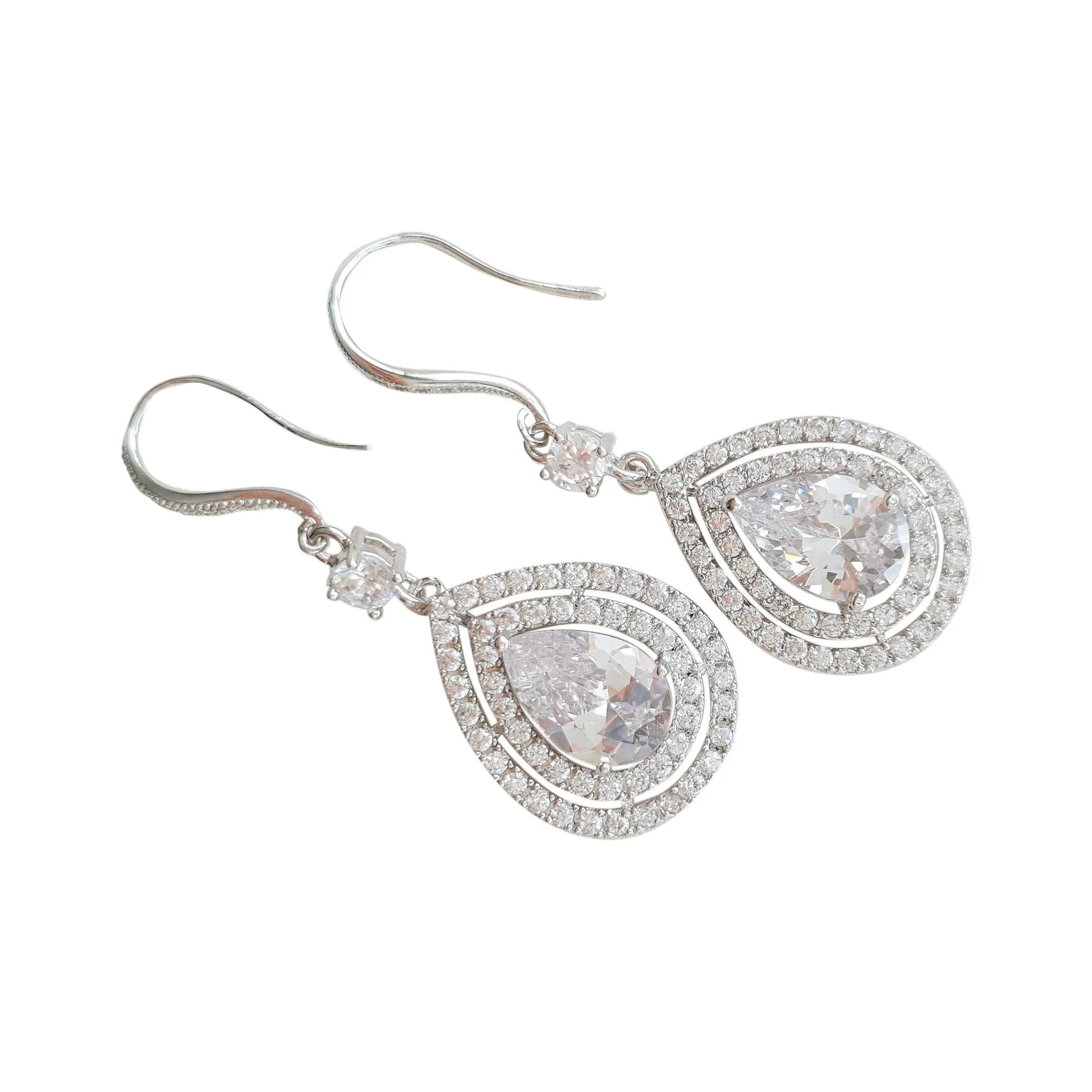 Silver Ear Hook Dangle Earrings for Weddings in CZ Crystal-Joni