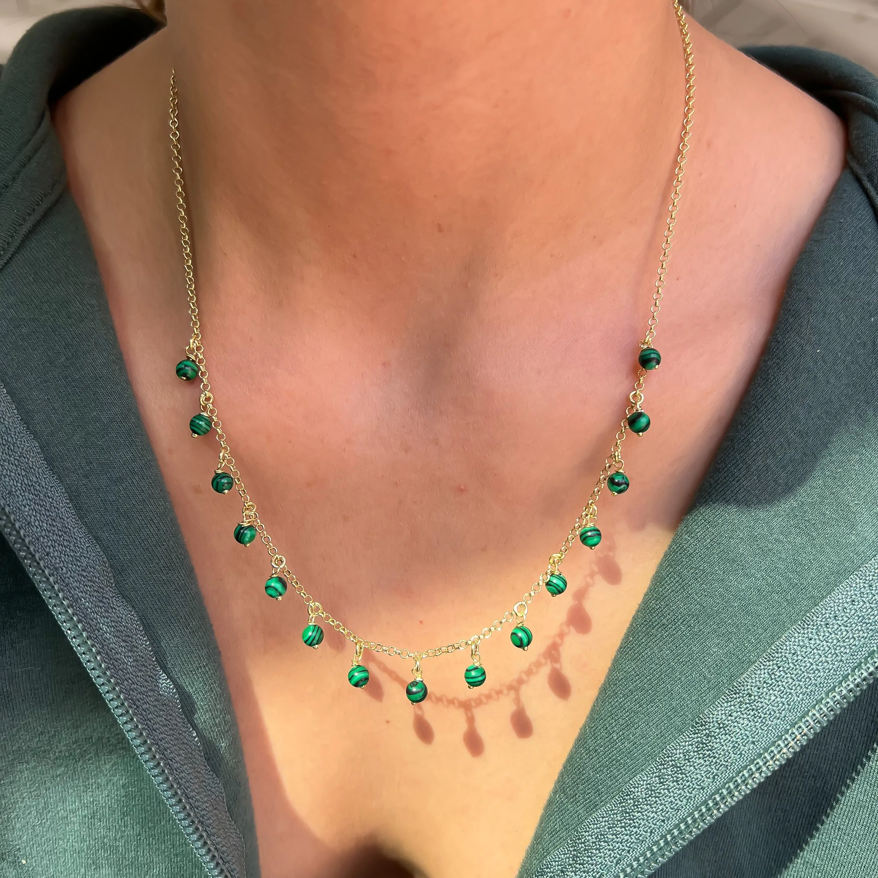 Silver gold plated malachite bead drops necklace