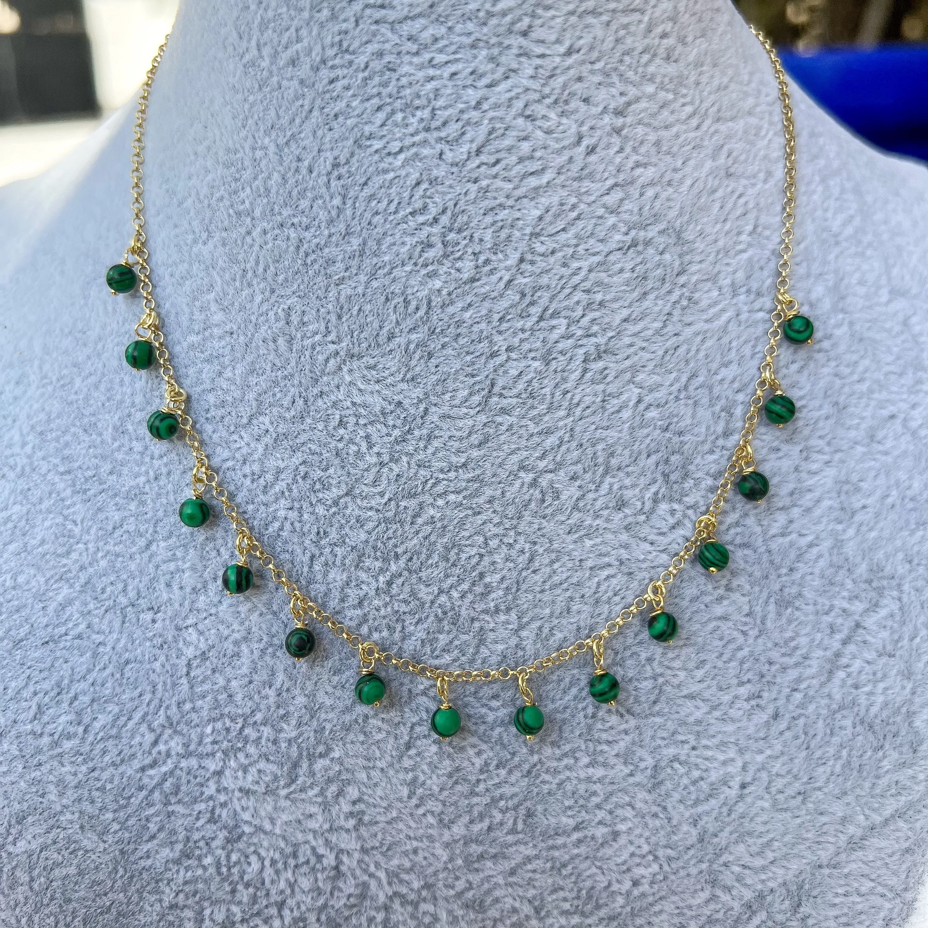 Silver gold plated malachite bead drops necklace