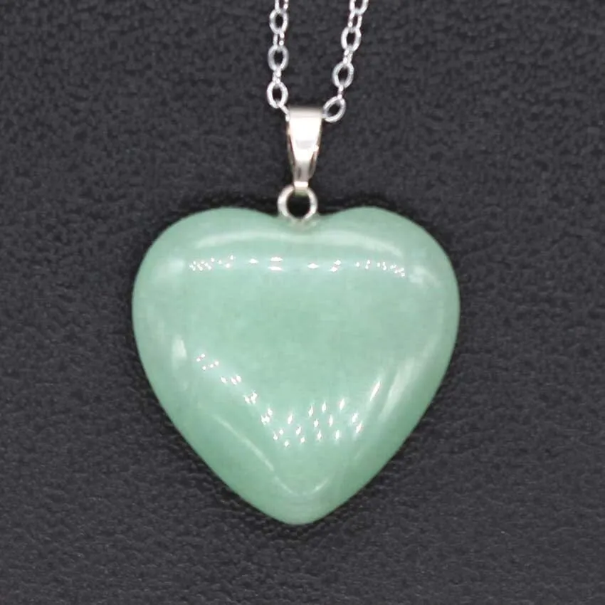 Silver Plated Love Heart Shape Green Aventurine Stone Pendant Necklace