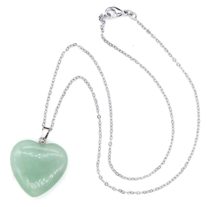 Silver Plated Love Heart Shape Green Aventurine Stone Pendant Necklace