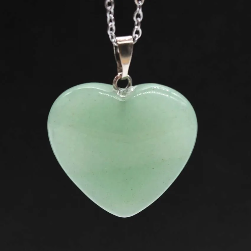 Silver Plated Love Heart Shape Green Aventurine Stone Pendant Necklace