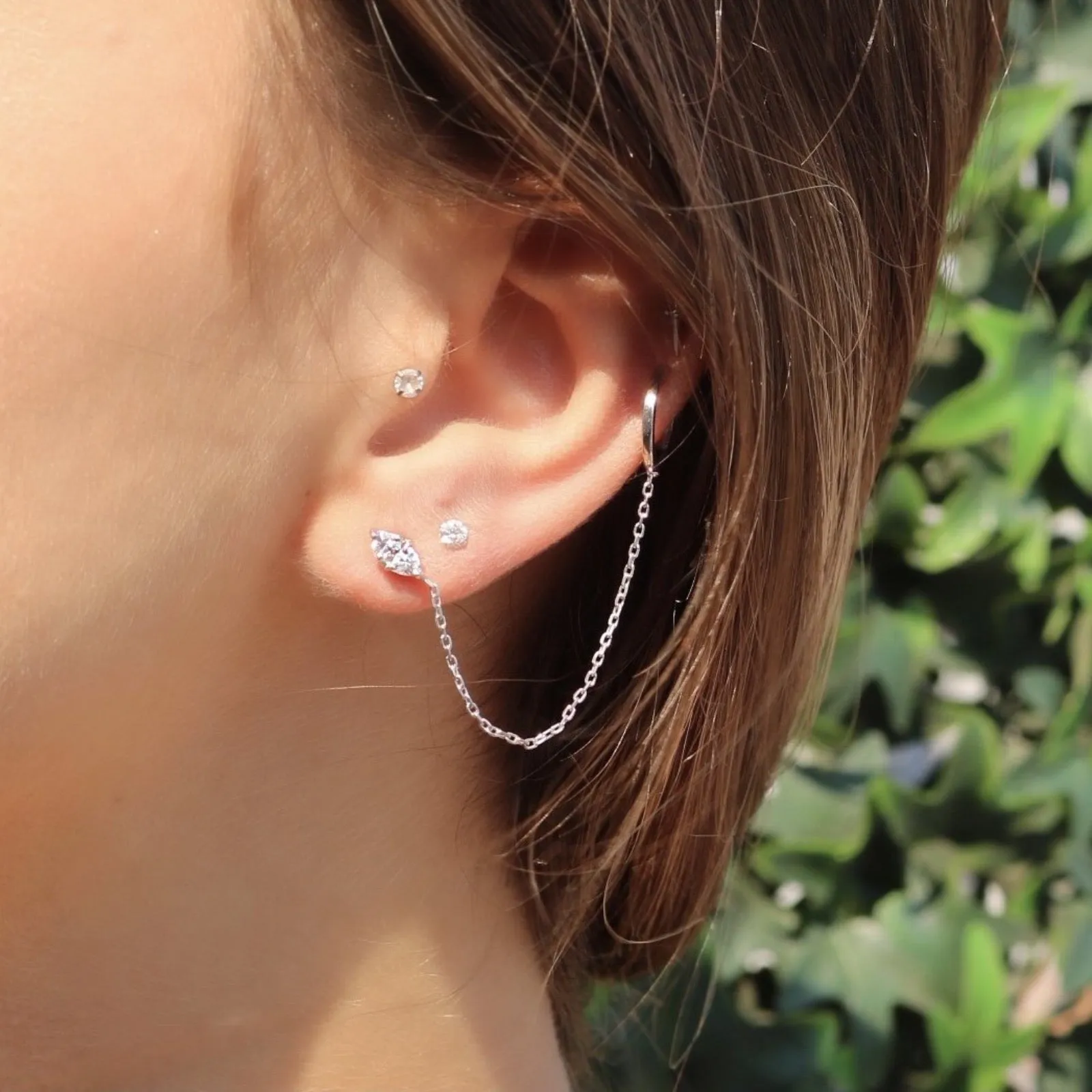 Silver Stud Earrings With Ear Cuff