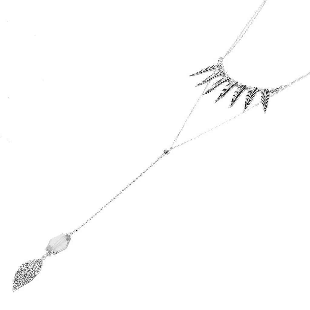 Silver Textured Leaf Boho Long Pendant Necklace