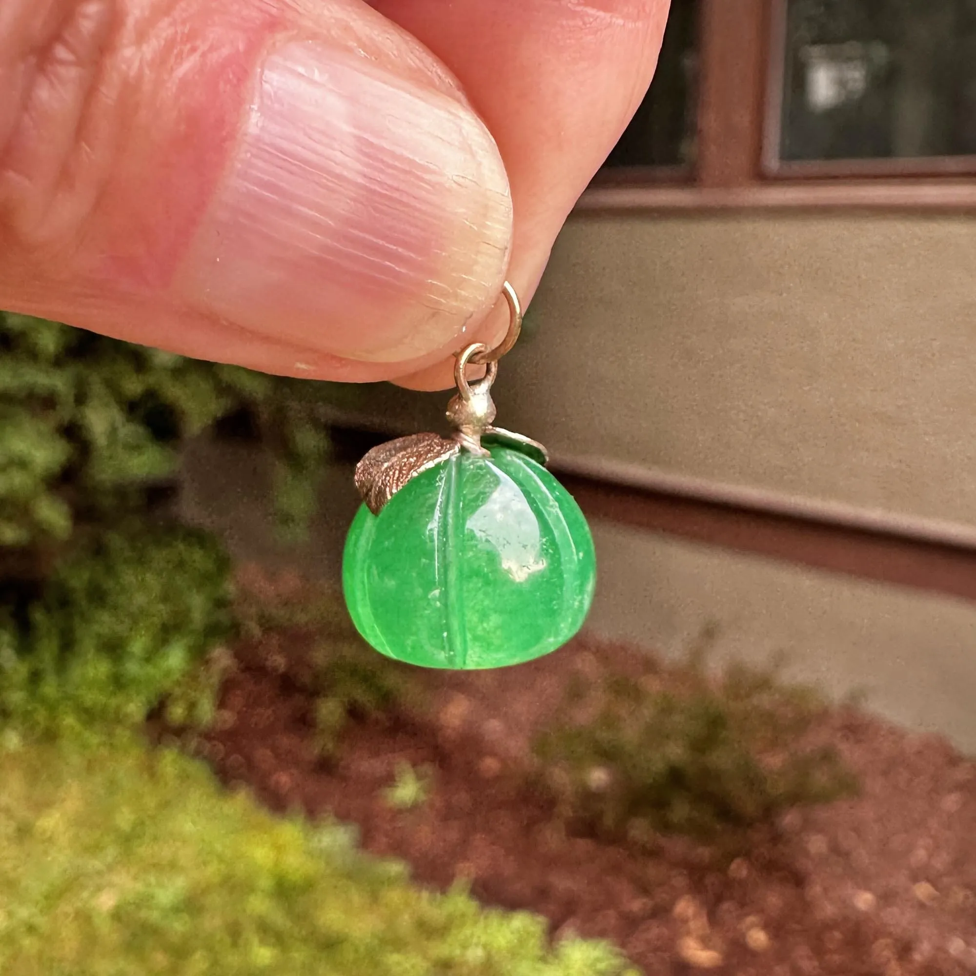 Solid Gold Leaf Carved Jade Pumpkin Charm Necklace