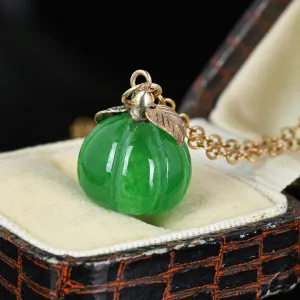 Solid Gold Leaf Carved Jade Pumpkin Charm Necklace