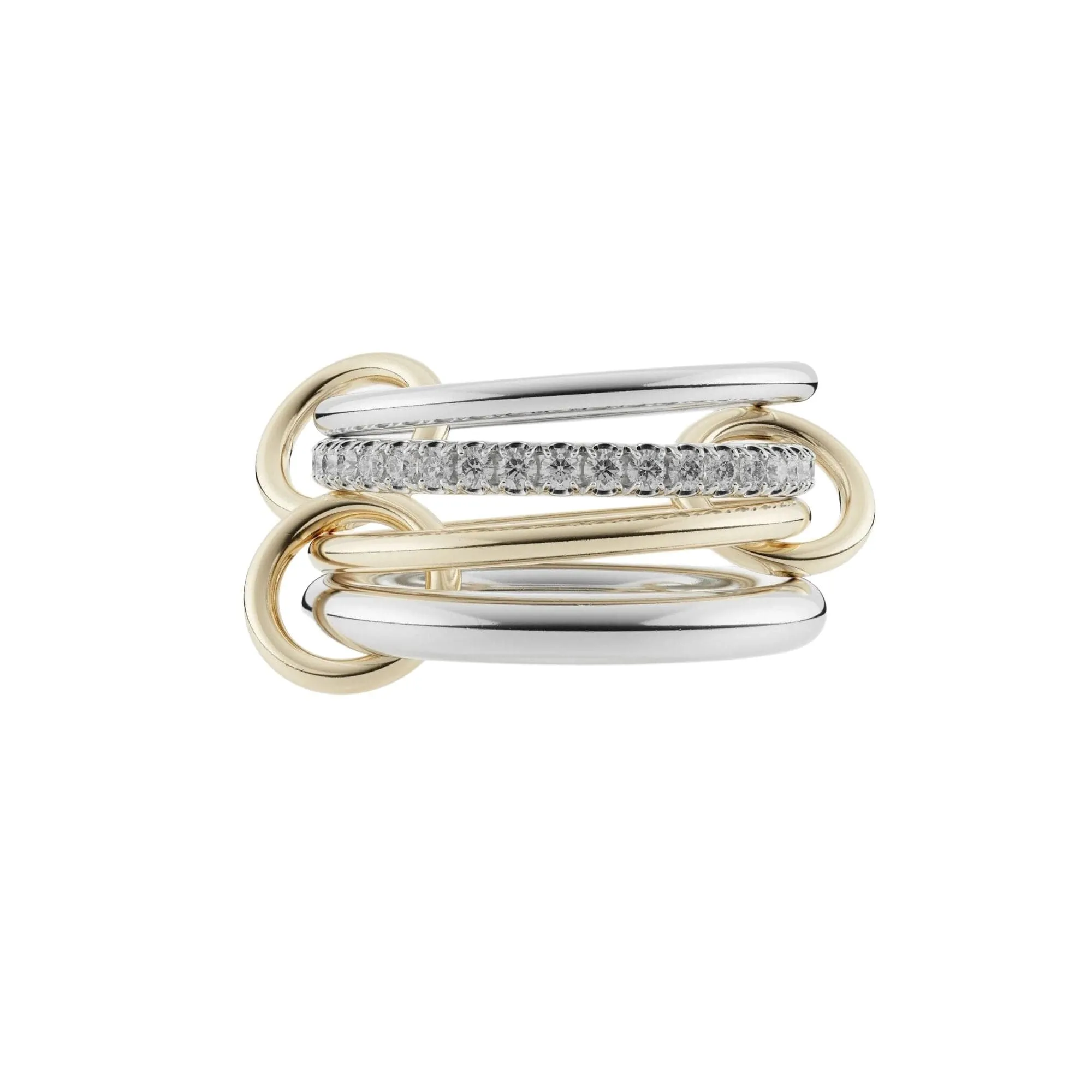 SPINELLI KILCOLLIN STERLING SILVER AND 18K YELLOW GOLD NIMUS LINKED RING WITH GREY DIAMOND BAND