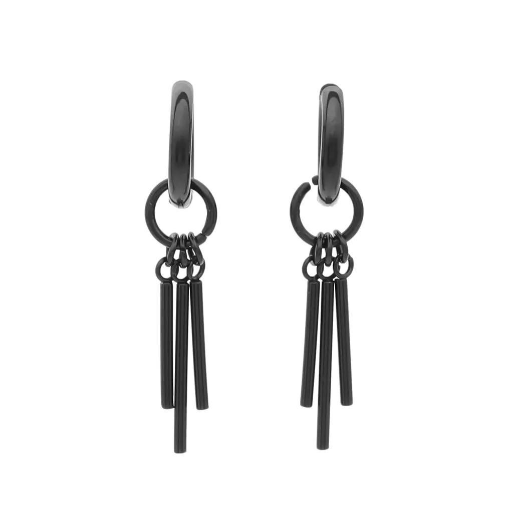 Stainless Steel Huggie Hoop Earrings with Bars Charm - Black