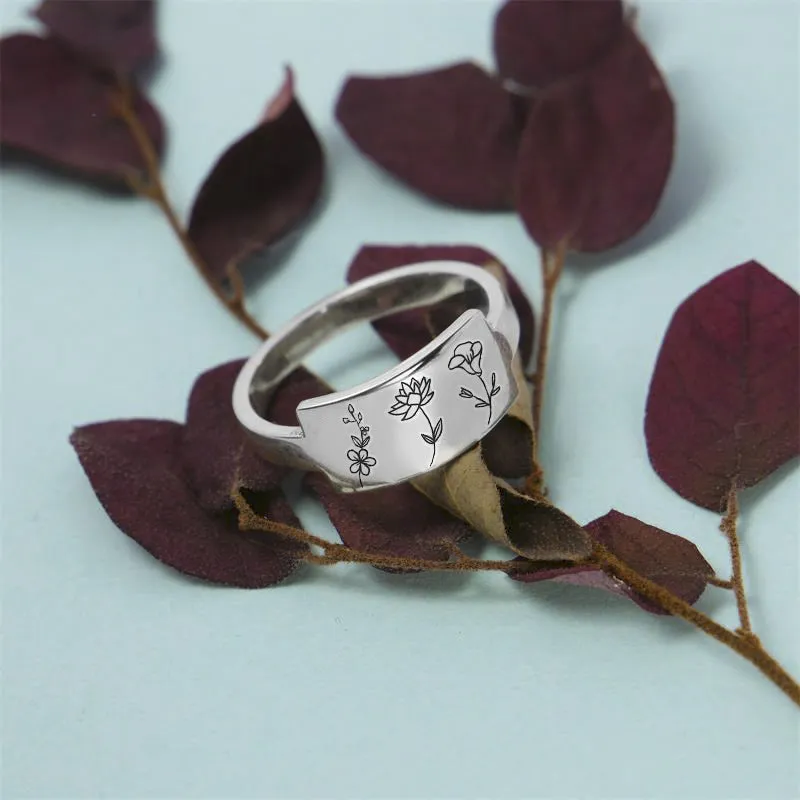 Sterling Silver Birth Month Flower Ring Custom Personalized Birth Flower Ring Birthday Gift For Her Mother's Day Gift