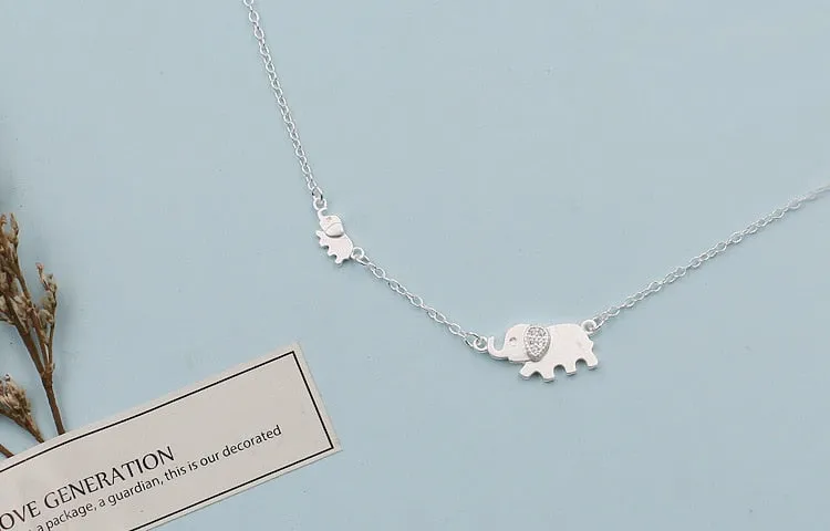 Sterling Silver Mother Baby Elephant Pendant Choker Necklace