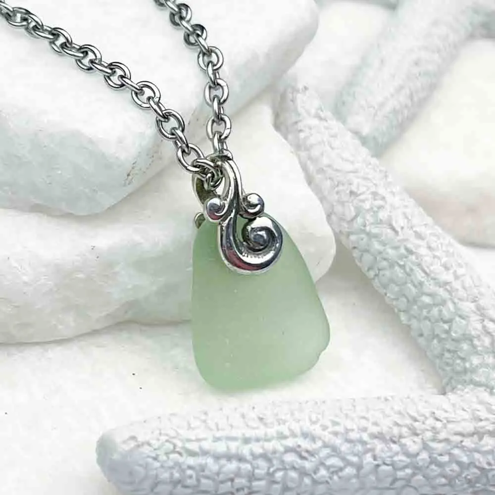 Sunlight Seafoam Sea Glass Pendant with Ocean Waves Bail | #5033