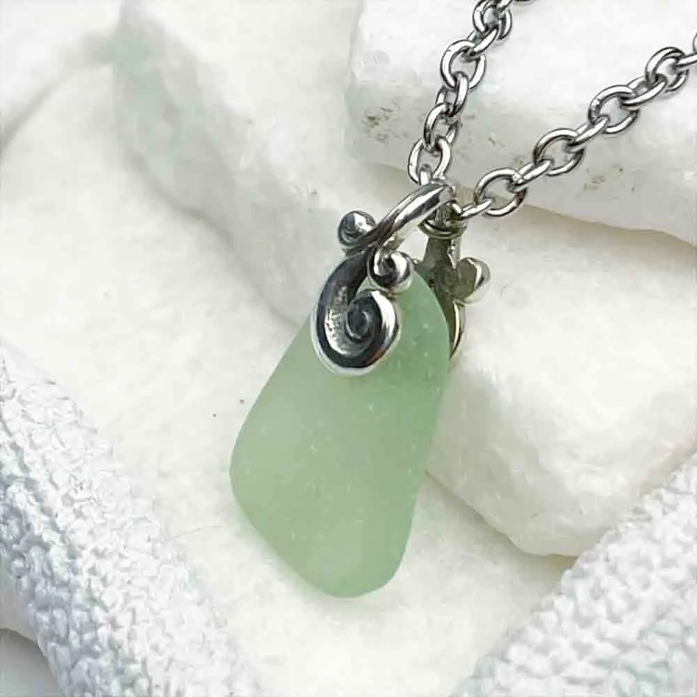 Sunlight Seafoam Sea Glass Pendant with Ocean Waves Bail | #5033