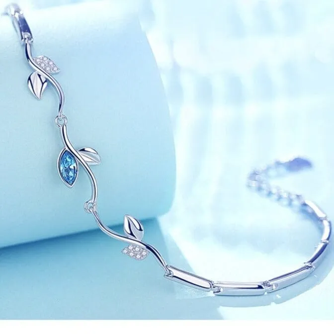 Sweet Shining Stone Leaf Charm Aquamarine Bracelet - 925 Sterling Silver