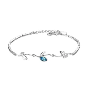 Sweet Shining Stone Leaf Charm Aquamarine Bracelet - 925 Sterling Silver