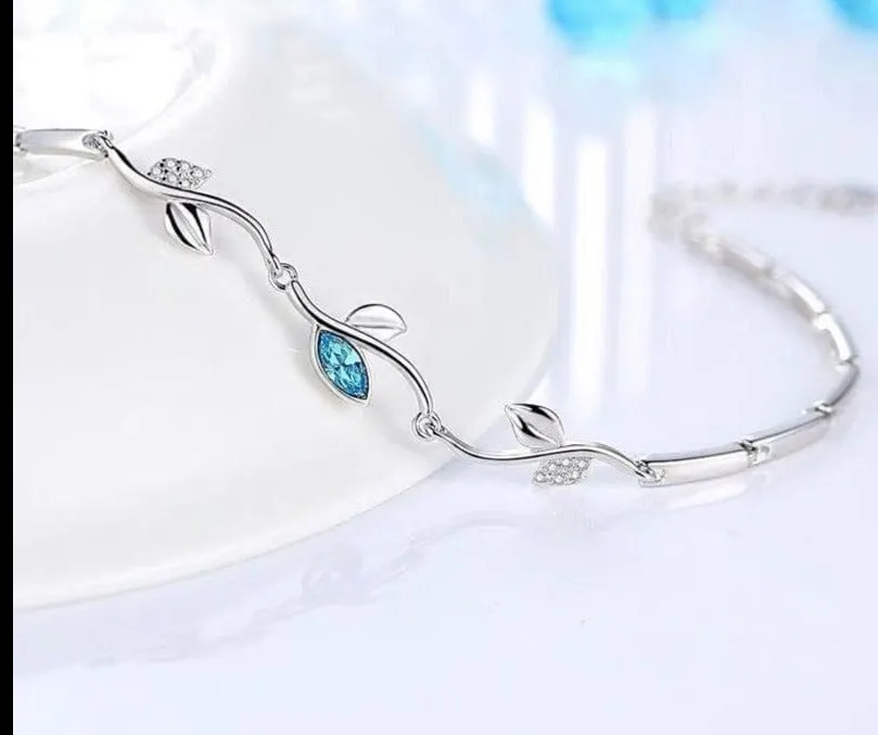 Sweet Shining Stone Leaf Charm Aquamarine Bracelet - 925 Sterling Silver