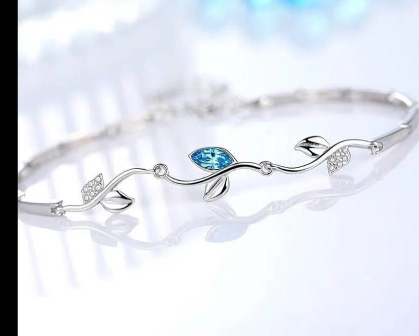 Sweet Shining Stone Leaf Charm Aquamarine Bracelet - 925 Sterling Silver