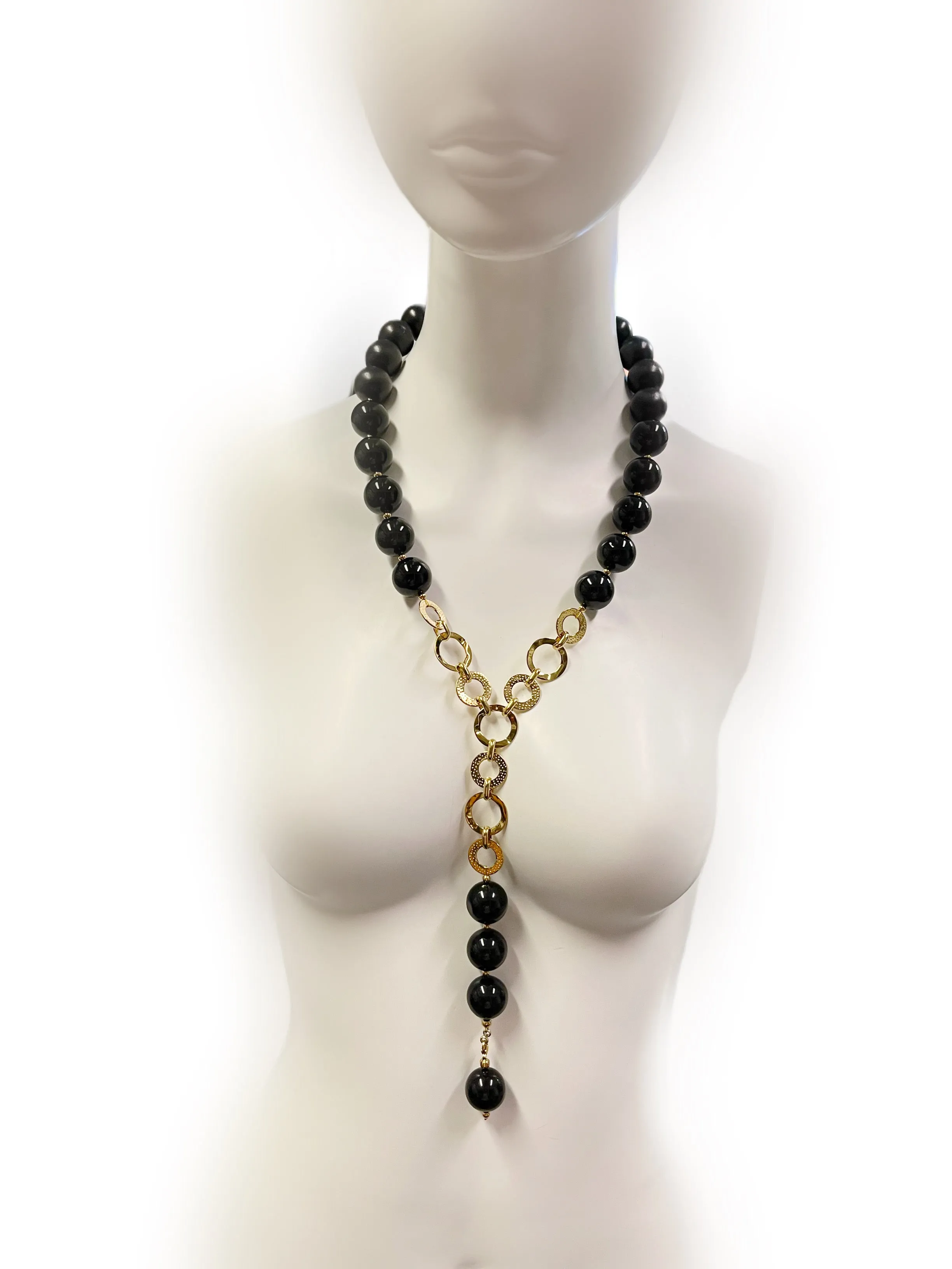 Symmetric Balance: Rainbow Obsidian and Stainless Steel Necklace