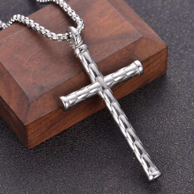 Textured Stainless Steel Cross Pendant Minimalist Necklace