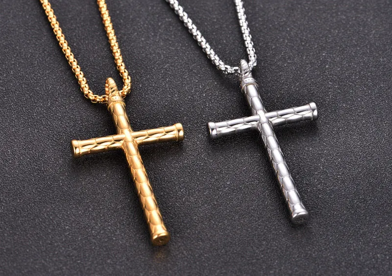 Textured Stainless Steel Cross Pendant Minimalist Necklace