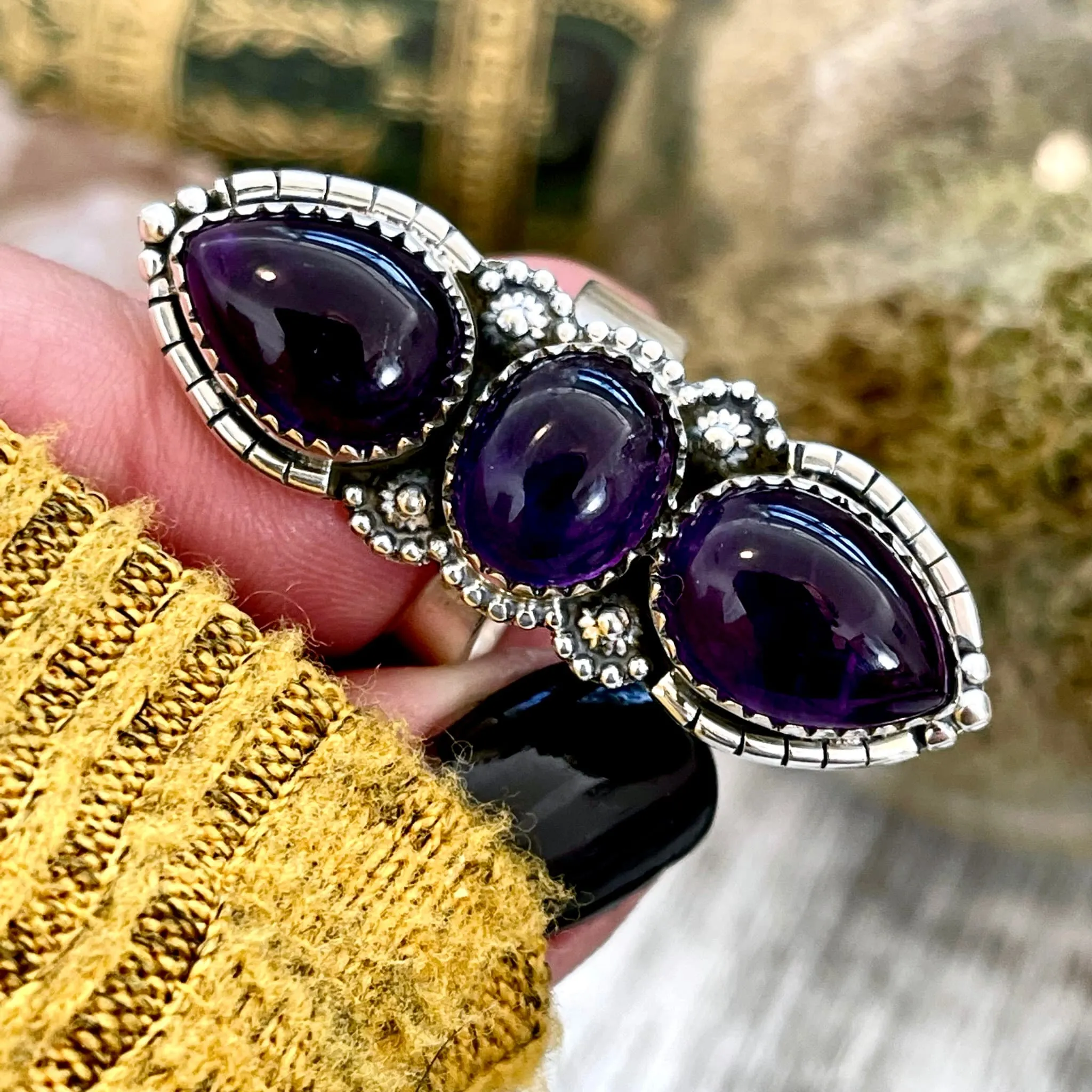 Three Stone Purple Amethyst Crystal Ring in Solid Sterling Silver- Designed by FOXLARK Collection Size Adjustable to -6 7 8 9 10