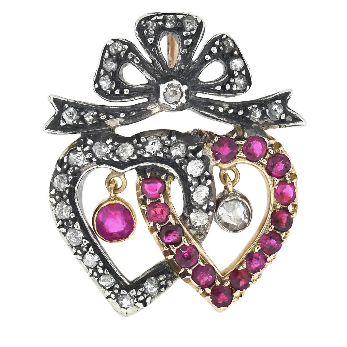 Victorian 14kt/Sterling Ruby   Diamond Double Heart Pendant