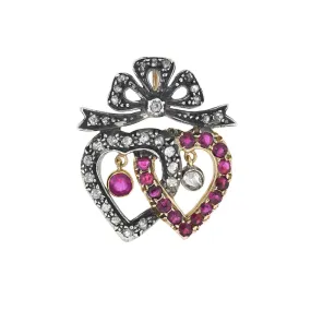 Victorian 14kt/Sterling Ruby   Diamond Double Heart Pendant