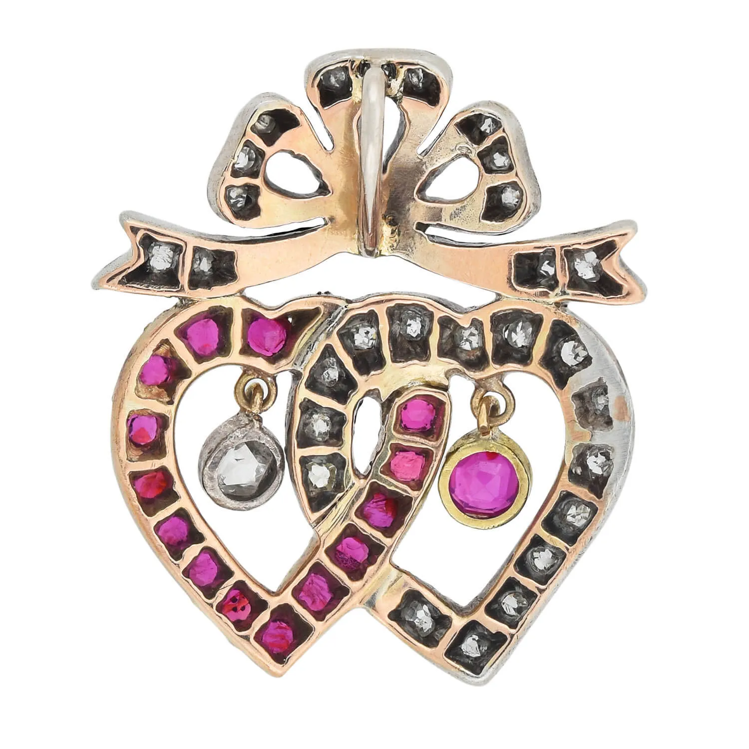 Victorian 14kt/Sterling Ruby   Diamond Double Heart Pendant